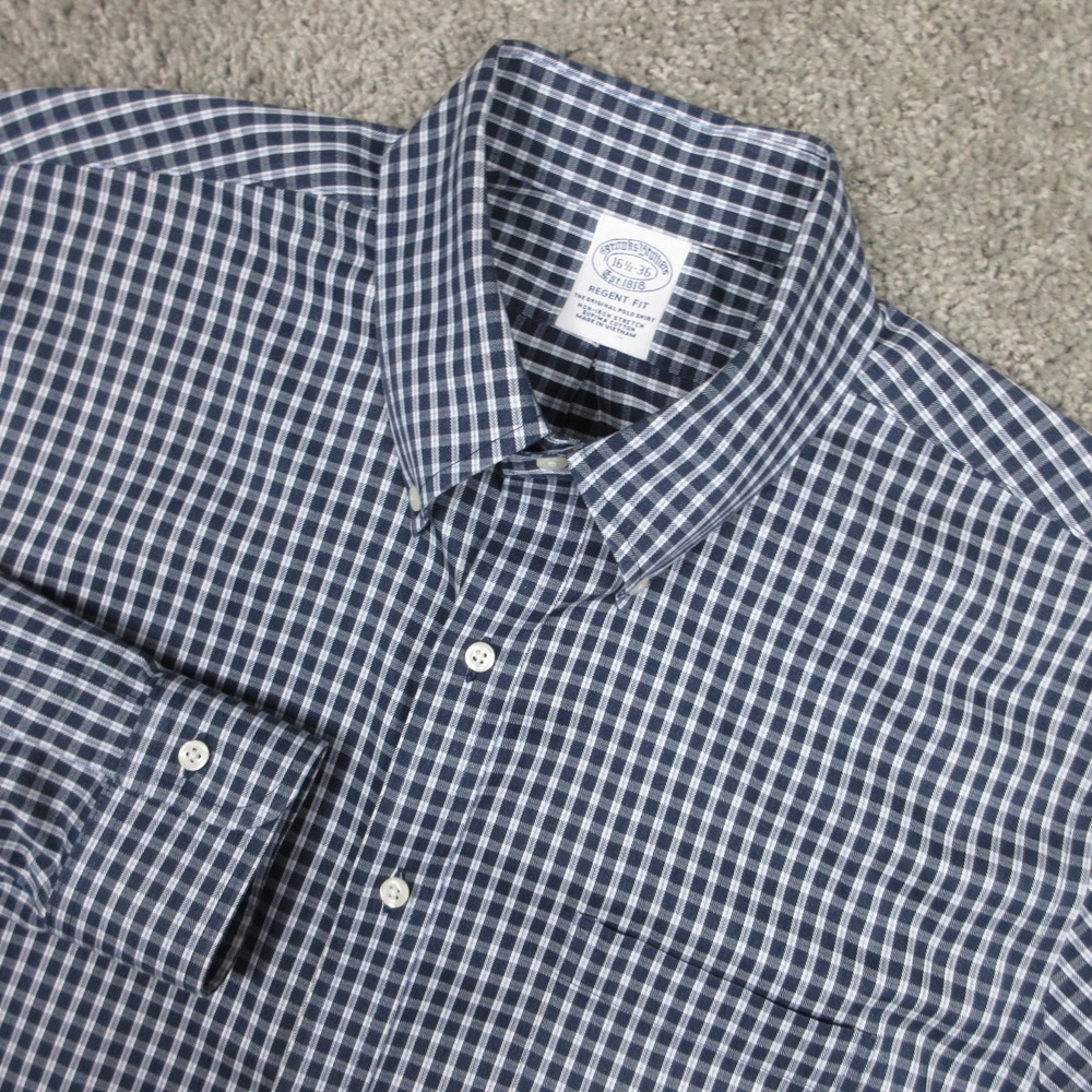 Brooks Brothers Shirt Mens L 16.5 36 Blue Plaid Regent Non Iron Dress Button‎ Up